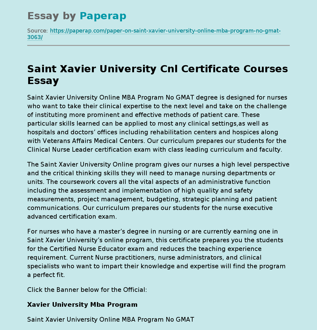 Saint Xavier University Cnl Certificate Courses