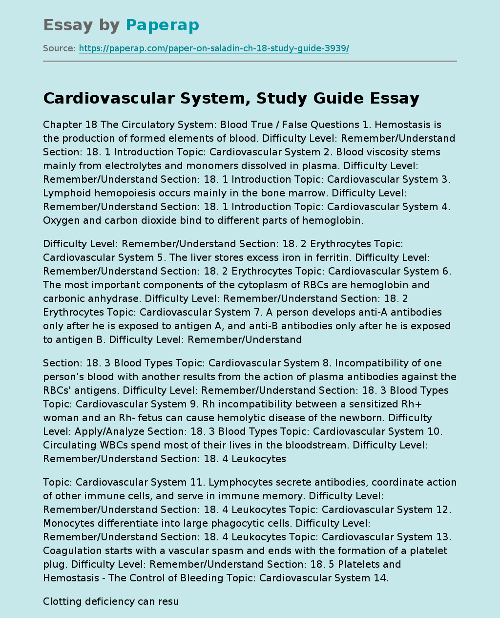 Cardiovascular System, Study Guide