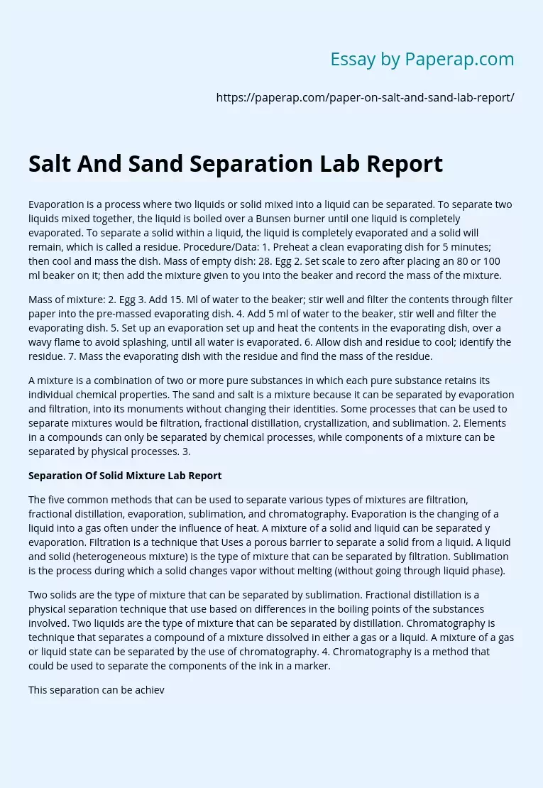 Salt And Sand Separation Lab Report