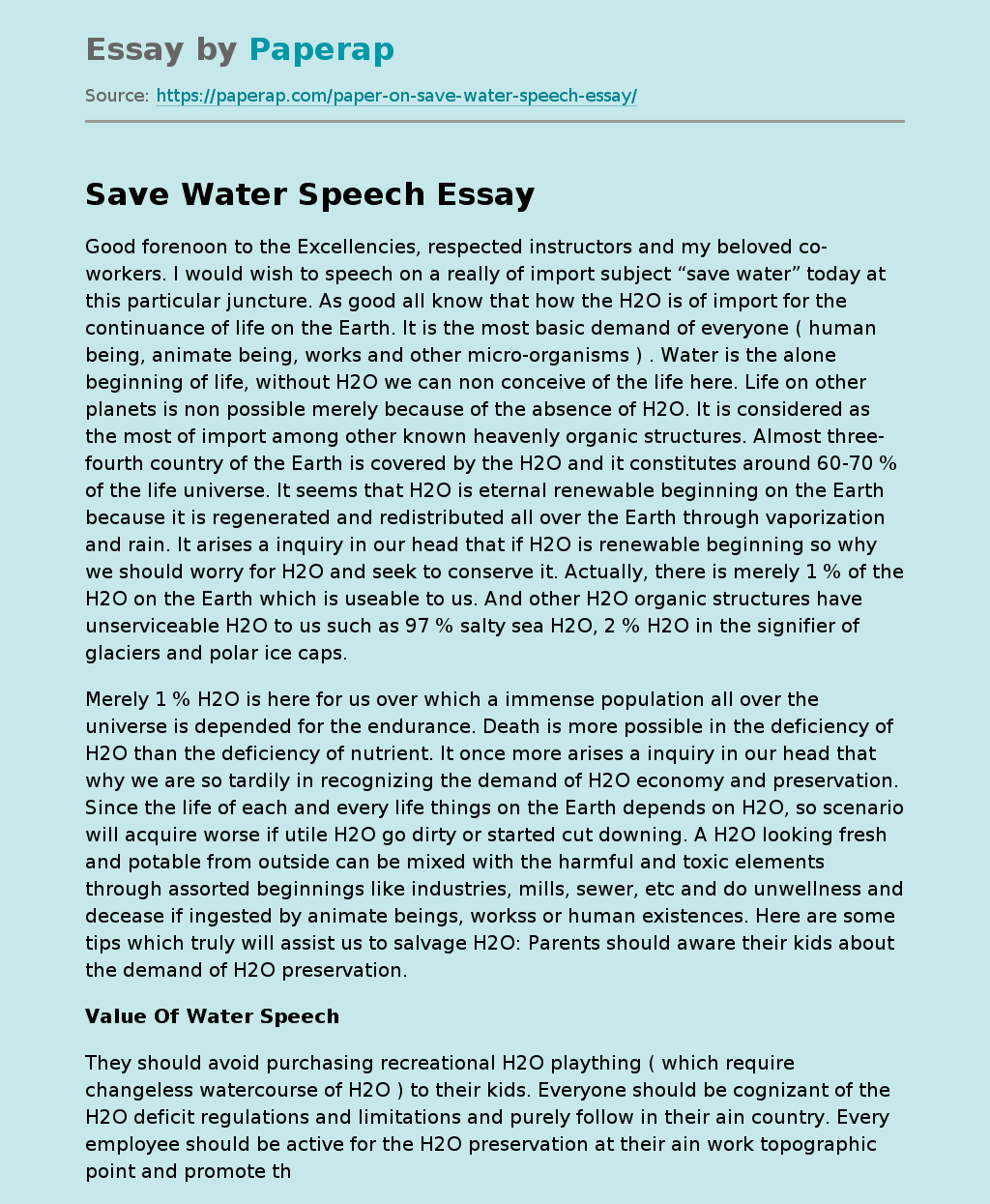 Save  Value Water Speech