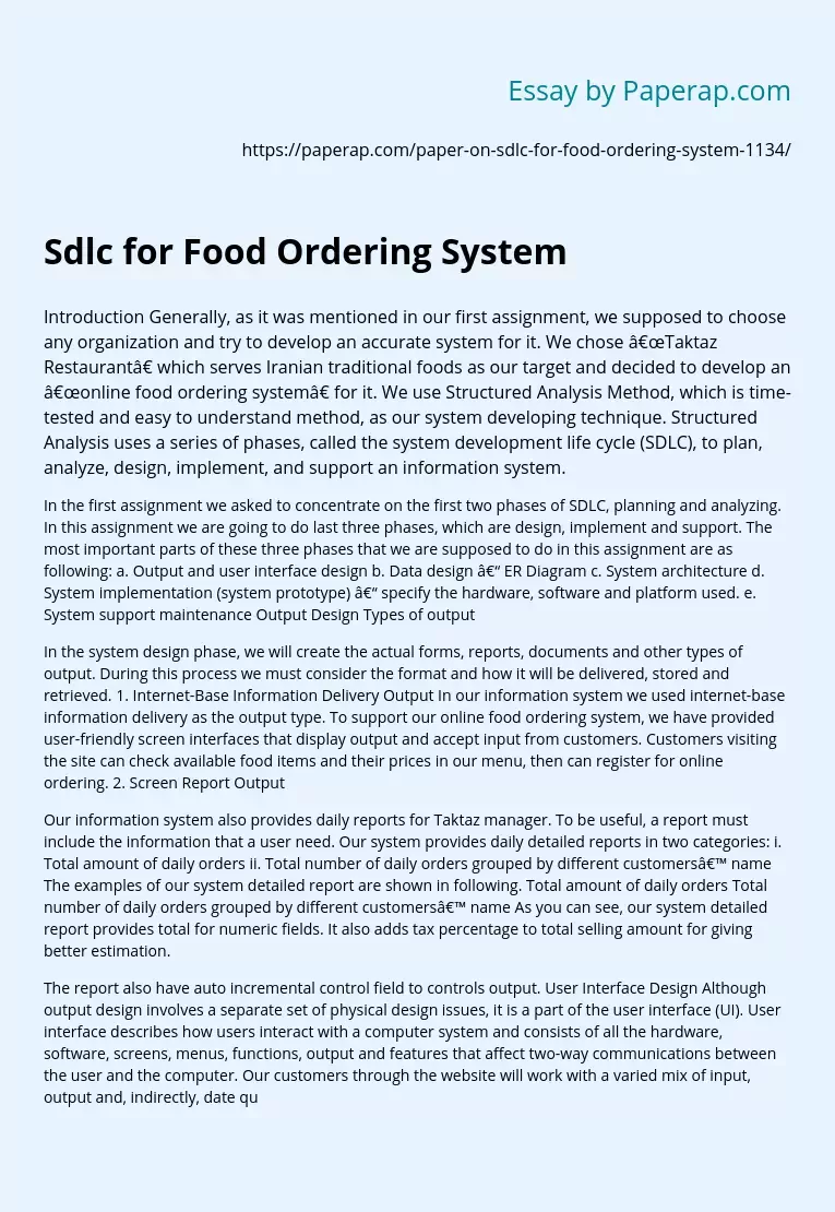 Sdlc for Food Ordering System