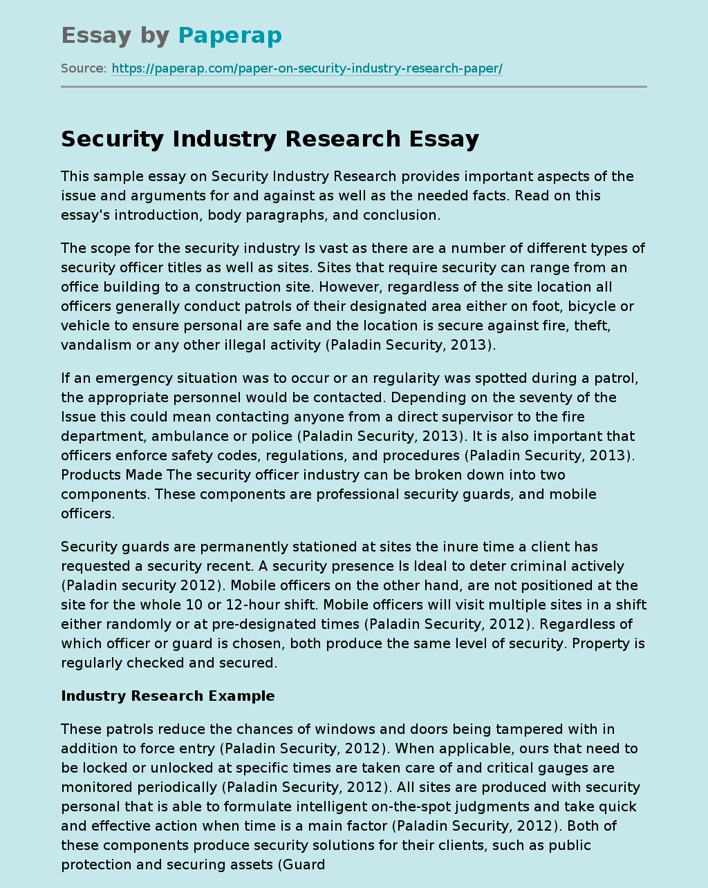 Sample Essay on Security Industry Research