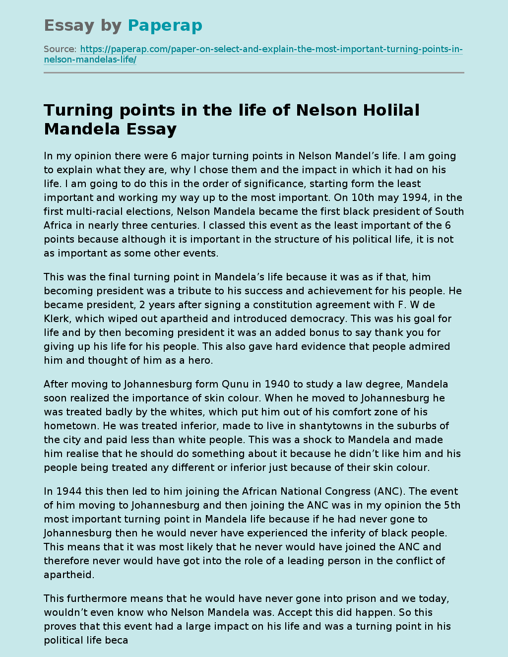 Turning points in the life of Nelson Holilal Mandela