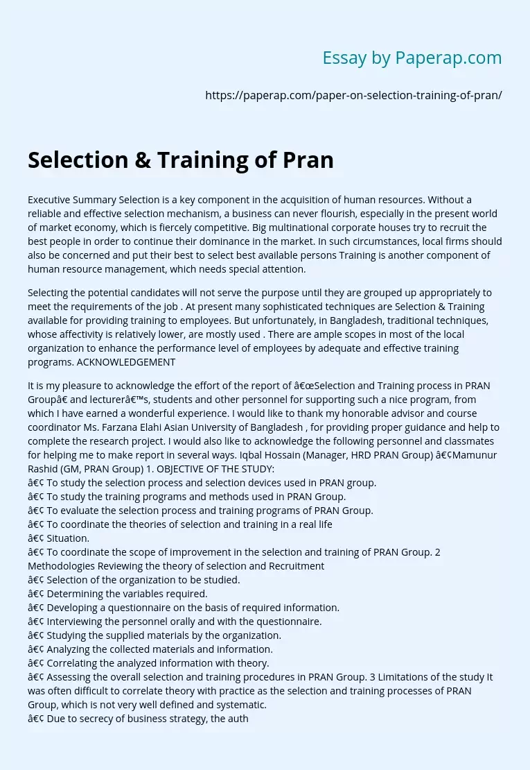 Selection & Training of Pran