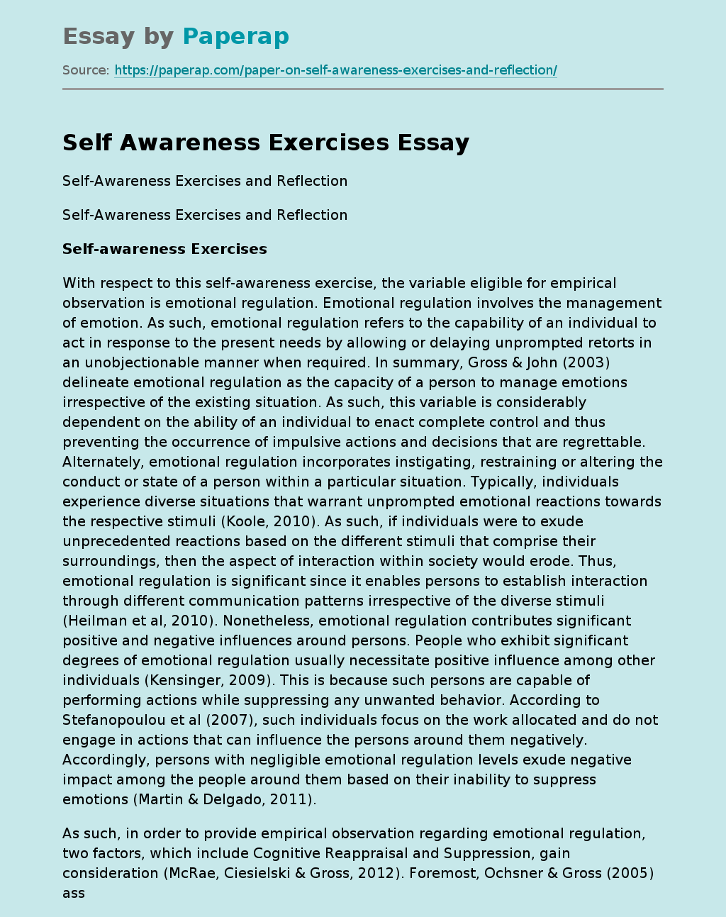 Self Awareness Exercises Reflection
