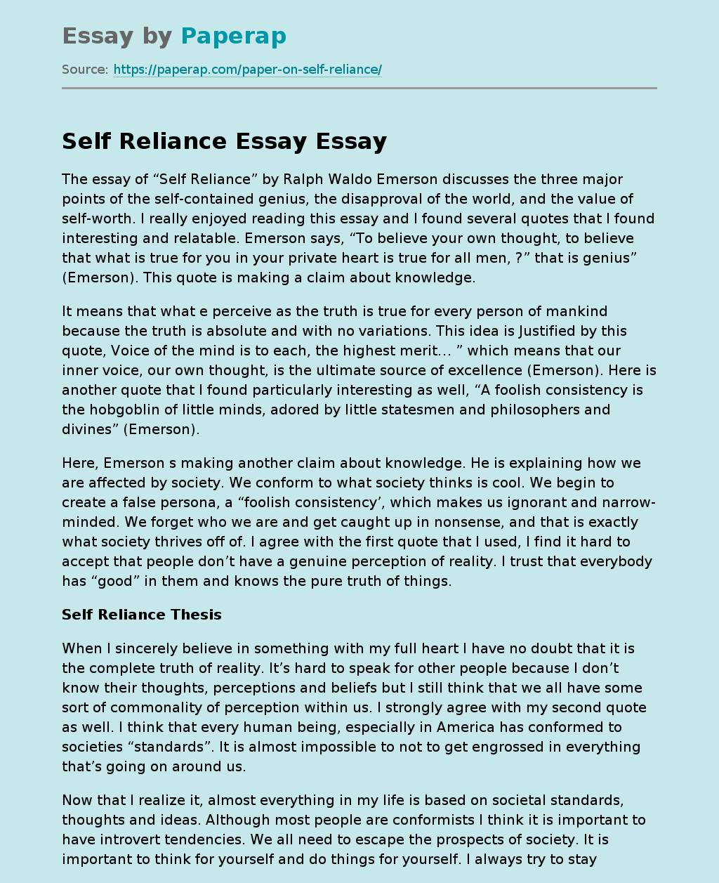Self Reliance Essay Ralph Waldo Emerson