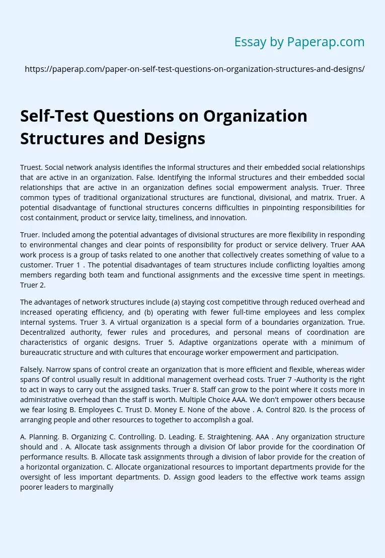 Self-Test Questions on Organization Structures and Designs