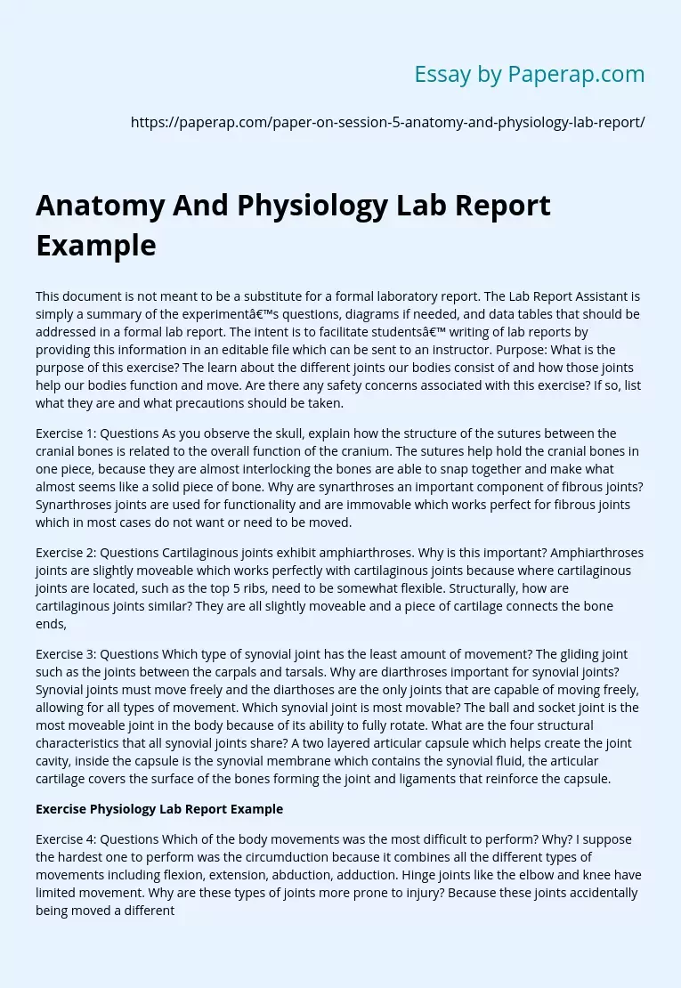 Anatomy And Physiology Lab Report Example