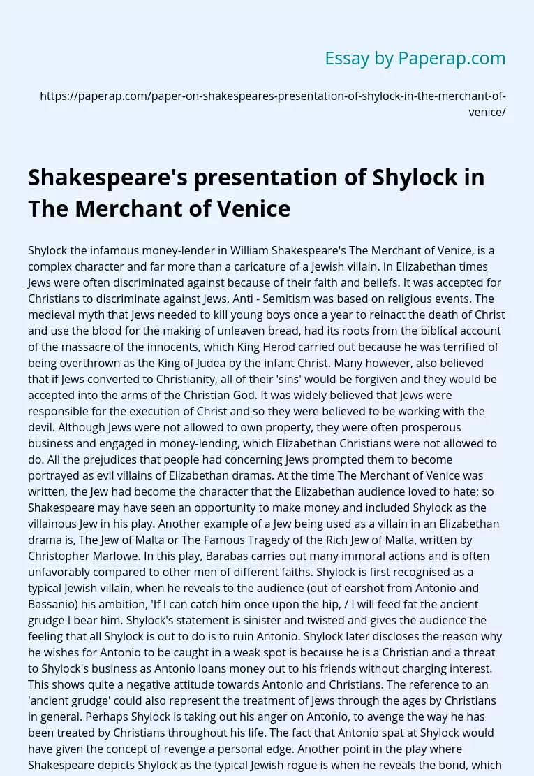 Shakespeare's presentation of Shylock in The Merchant of Venice