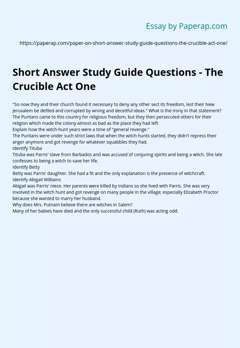 Short Answer Study Guide Questions - The Crucible Act One