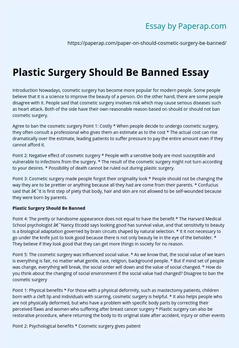 Plastic Surgery Should Be Banned Essay