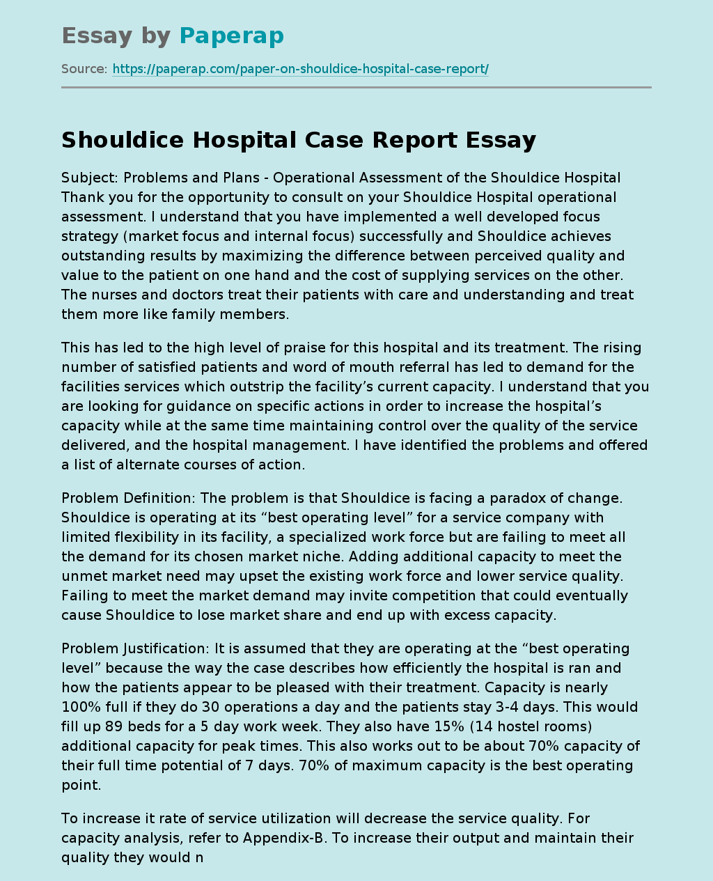 Shouldice Hospital Case Report