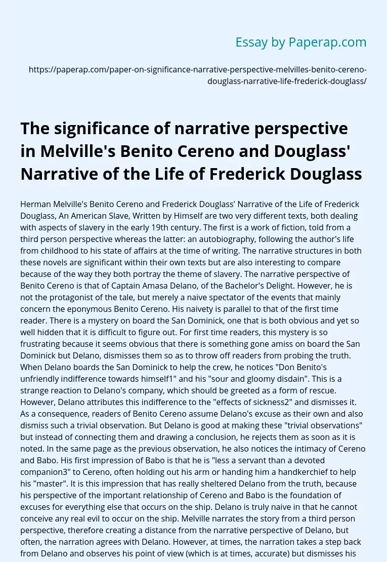 Narrative perspective in Melville’s Benito Cereno and Douglass’ Narrative of the Life of Frederick Douglass