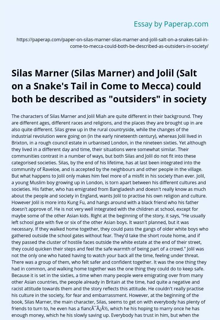 Silas Marner and Jolil Compare and Contrast