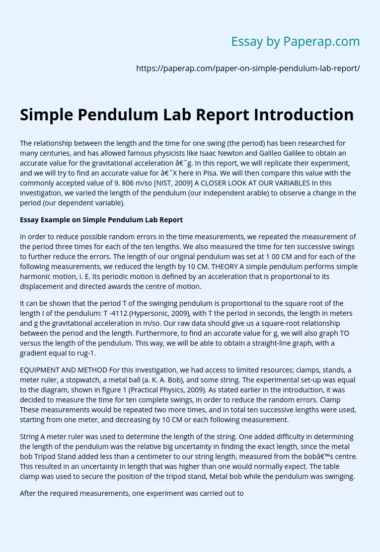 Simple Pendulum Lab Report Introduction