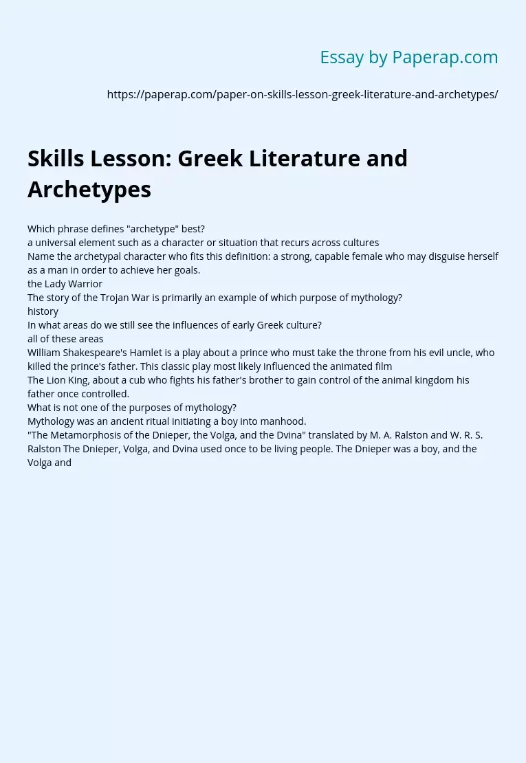 Skills Lesson: Greek Literature and Archetypes