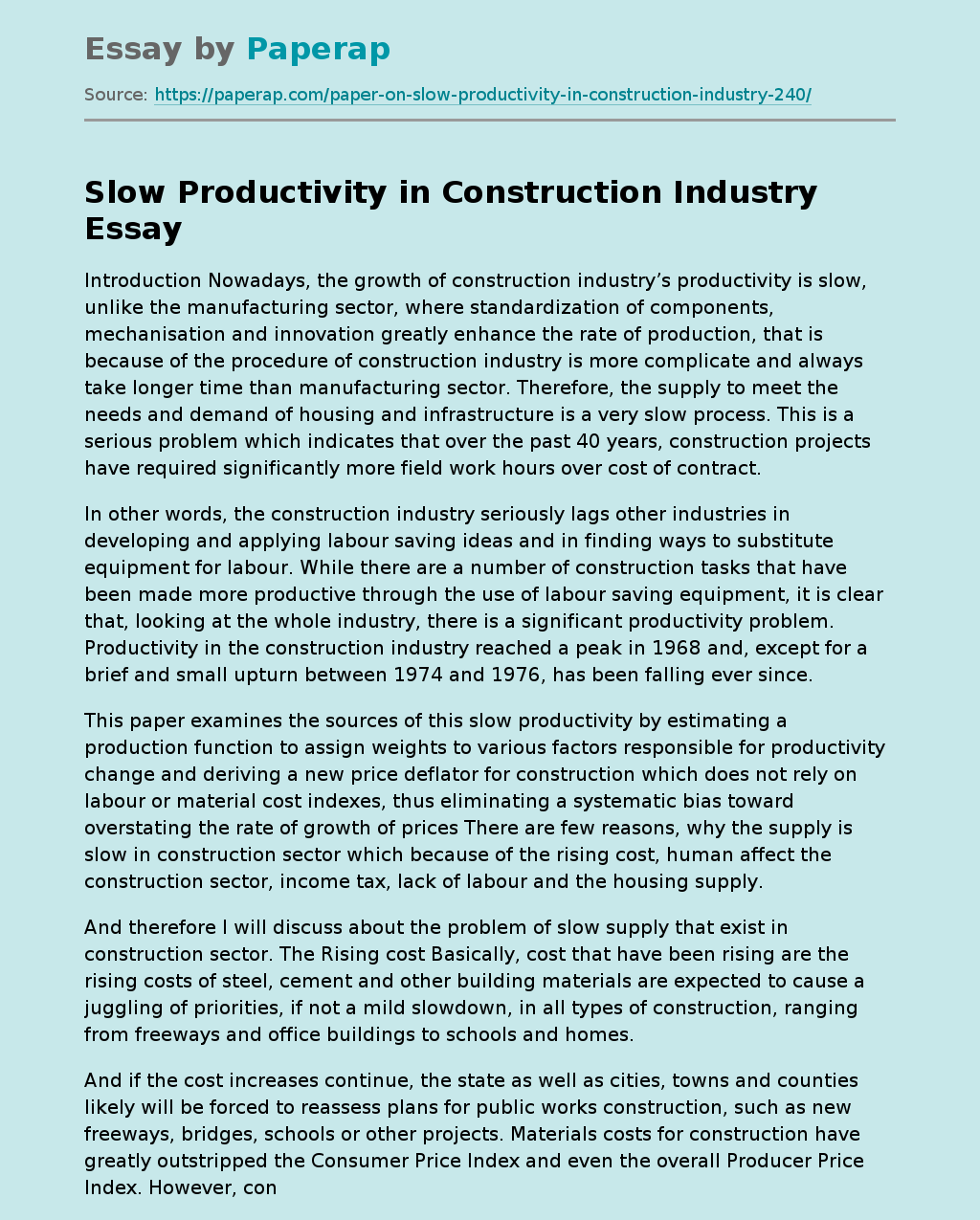 Slow Productivity in Construction Industry