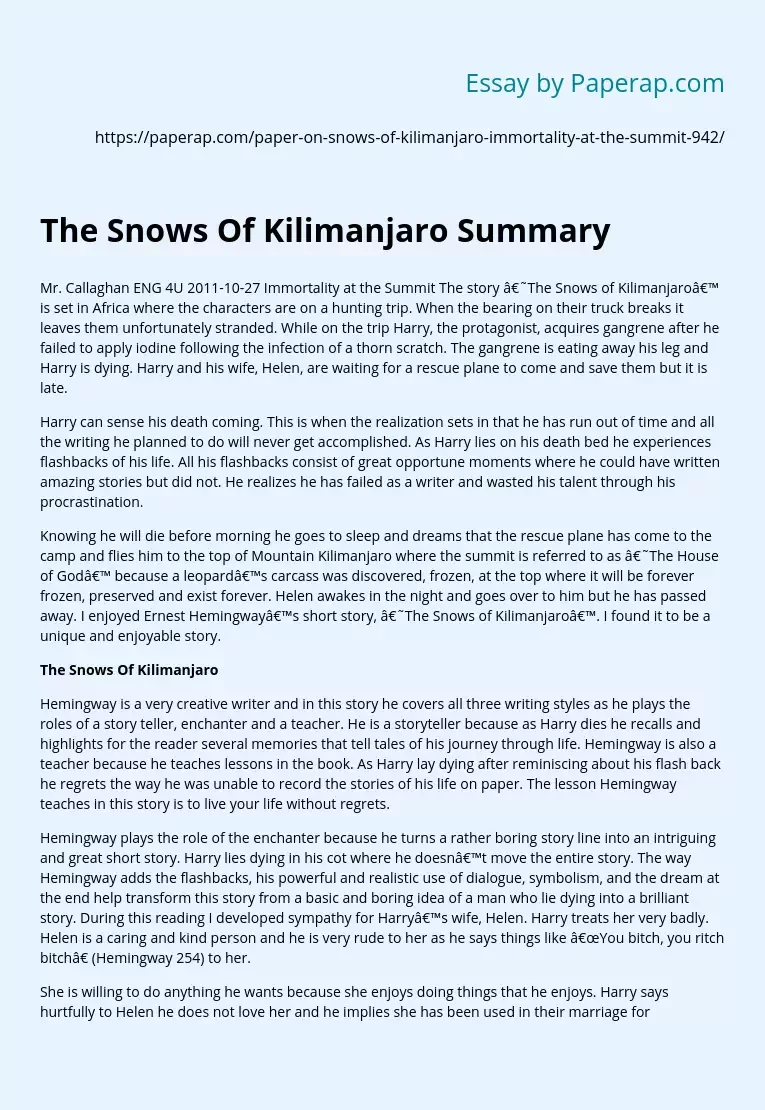 The Snows Of Kilimanjaro Summary
