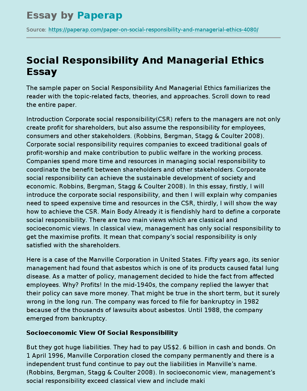 Social Responsibility And Managerial Ethics