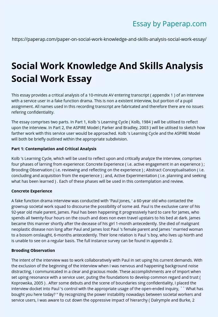 Social Work Knowledge And Skills Analysis Social Work Essay