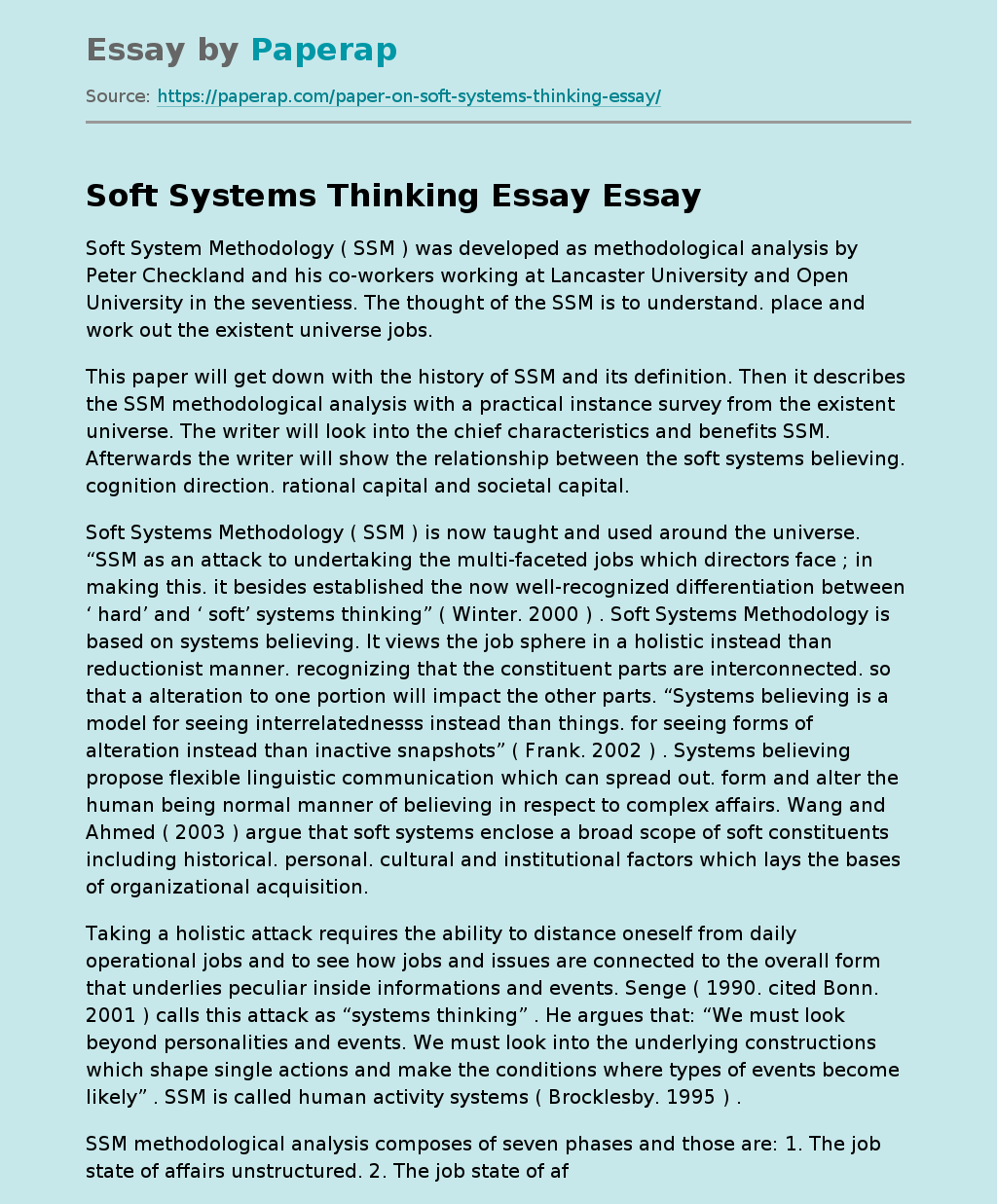 Soft Systems Thinking Essay