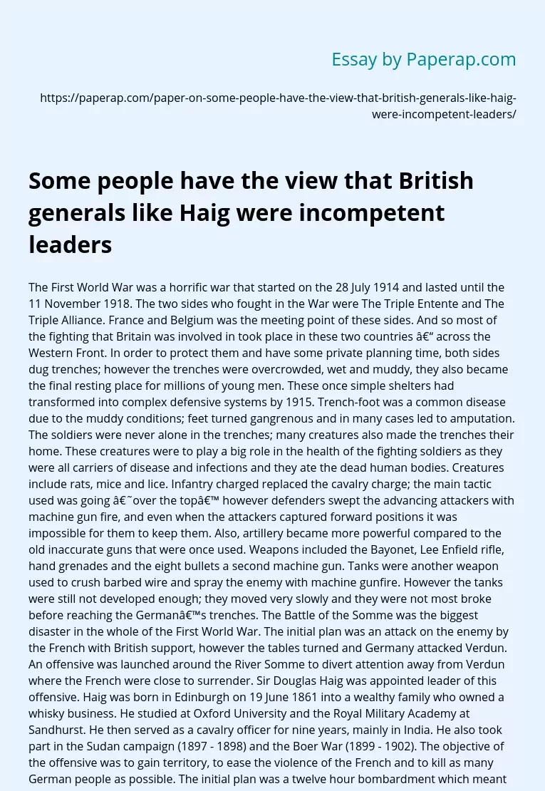 Some people have the view that British generals like Haig were incompetent leaders