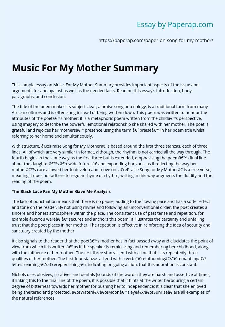 Music For My Mother Summary
