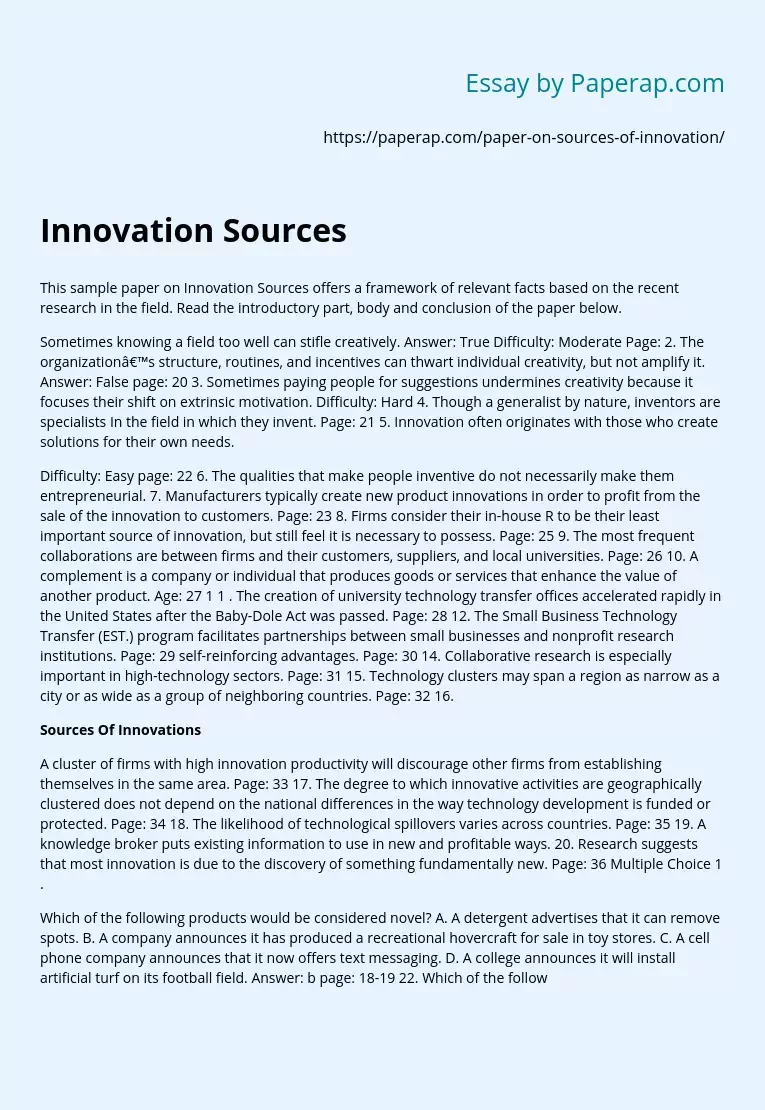 Sample Paper on Innovation Sources
