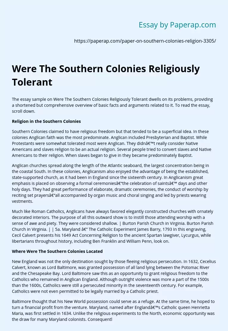 Were The Southern Colonies Religiously Tolerant