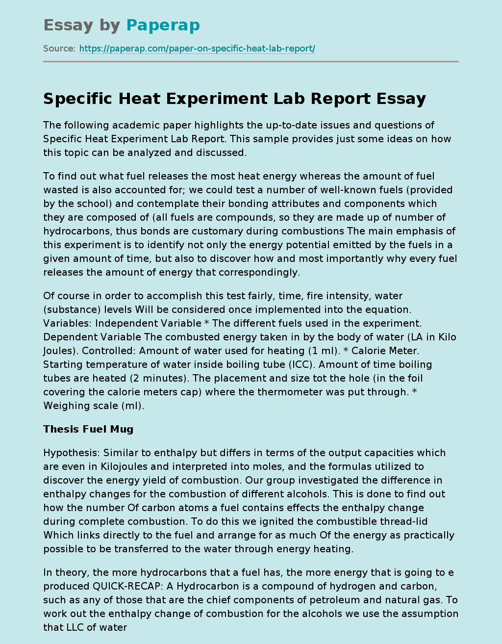 Specific Heat Experiment Lab Report