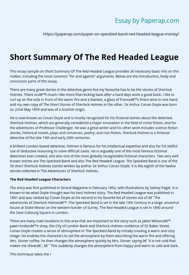 Short Summary Of The Red Headed League