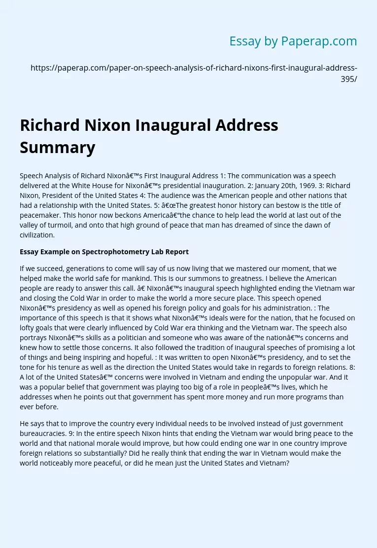 Richard Nixon Inaugural Address Summary