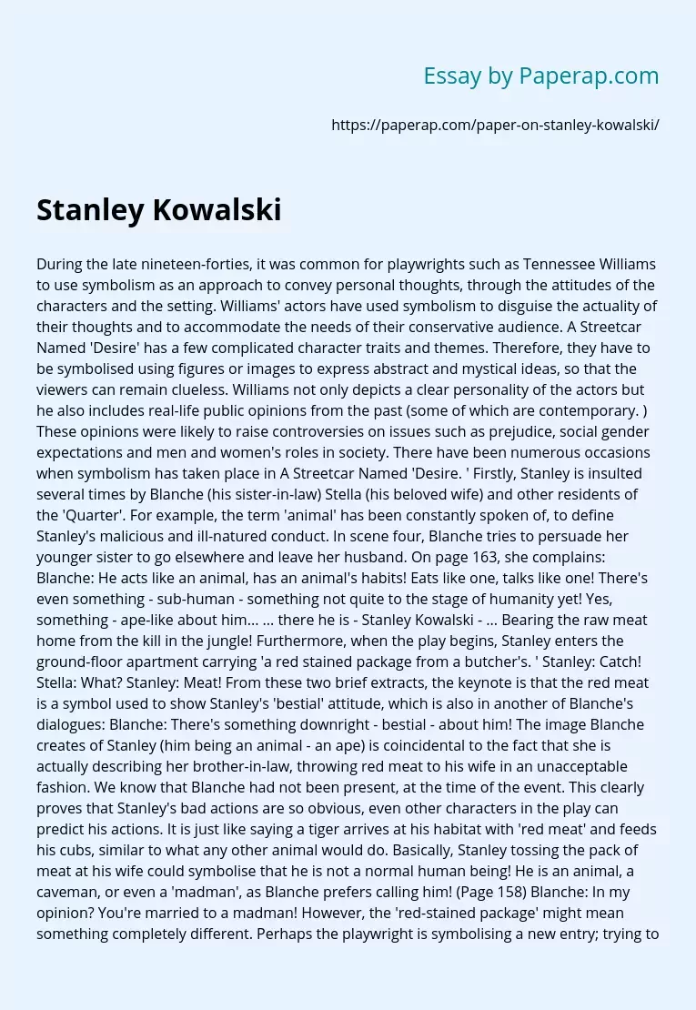 Symbolism of Stanley Kowalski Character
