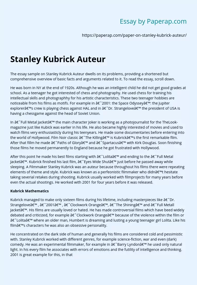 Essay Sample on Stanley Kubrick Auteur