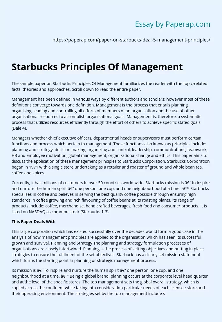 Starbucks Principles Of Management