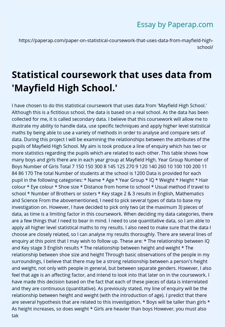Statistical coursework that uses data from 'Mayfield High School.'