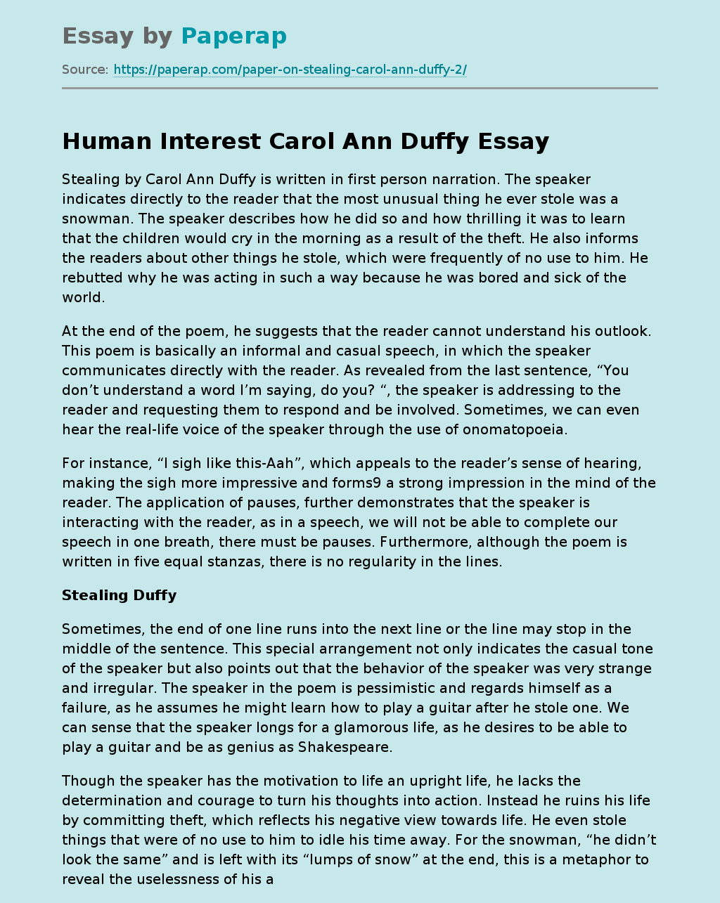 Human Interest Carol Ann Duffy
