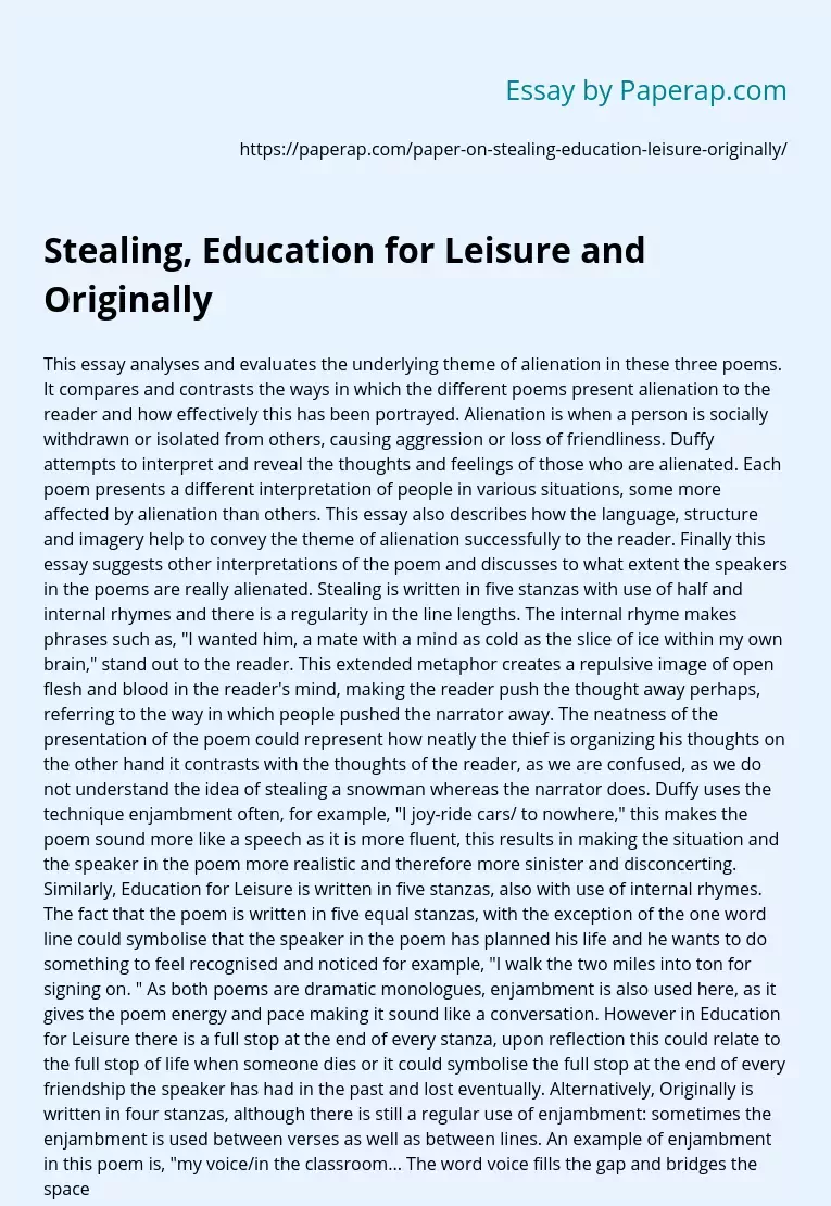 Stealing, Education for Leisure and Originally