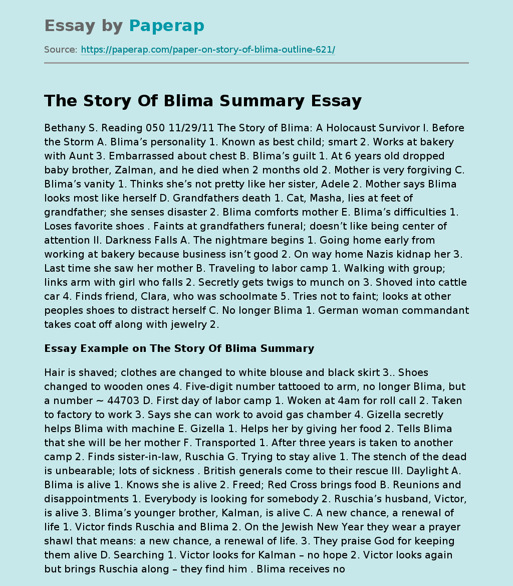 The Story Of Blima Summary