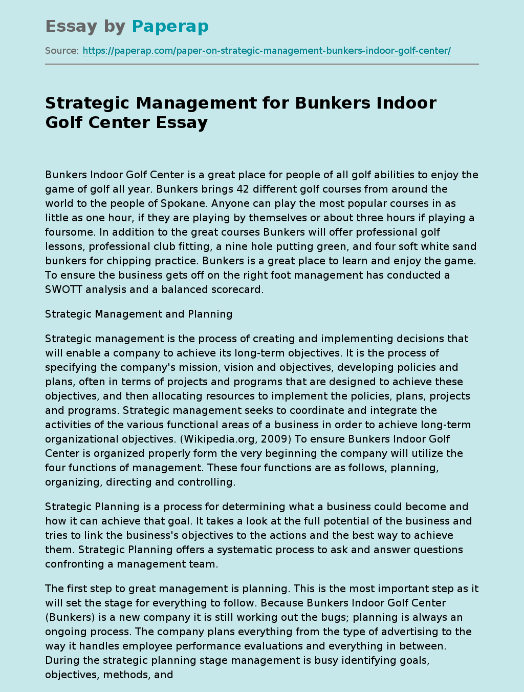 Strategic Management for Bunkers Indoor Golf Center