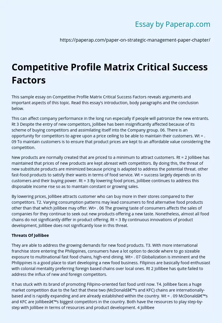 Competitive Profile Matrix Critical Success Factors