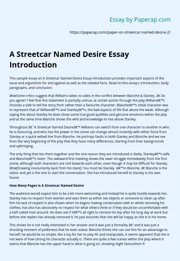 a streetcar named desire essay