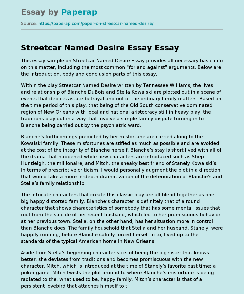 Streetcar Named Desire Essay