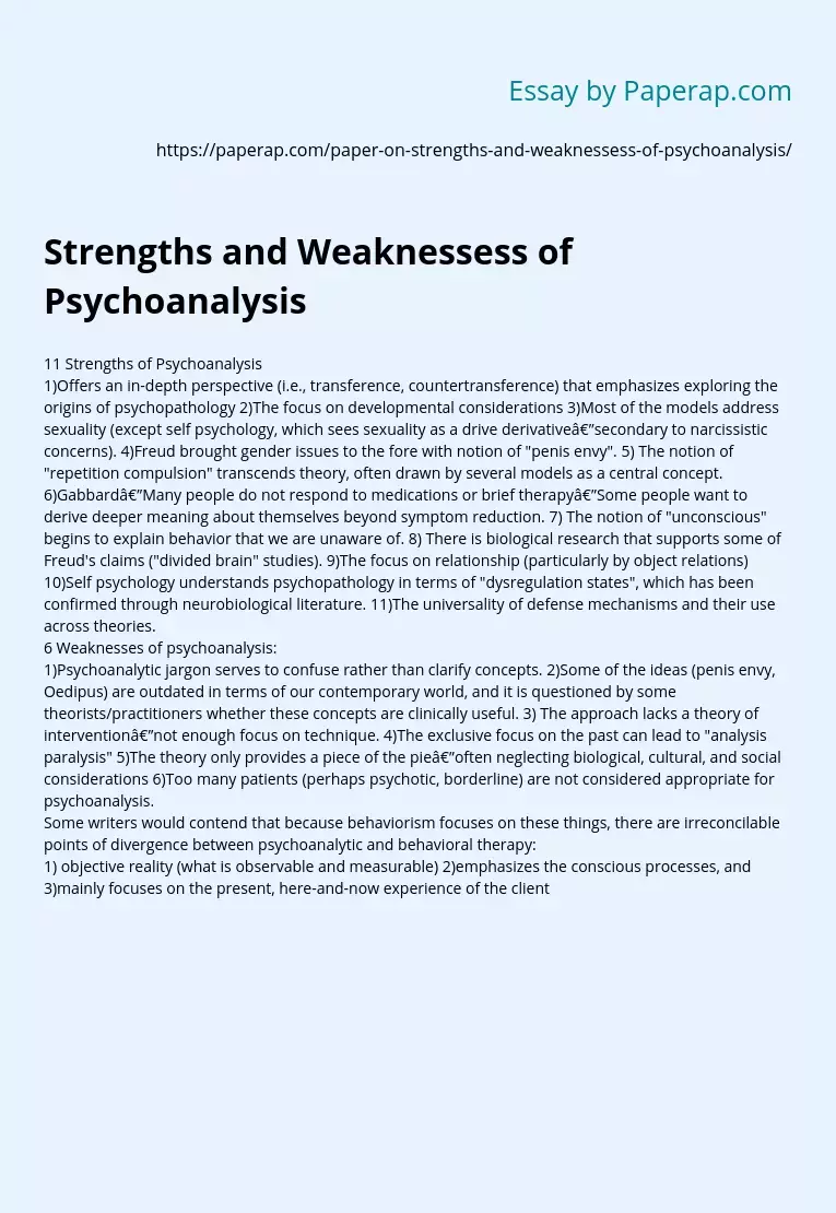 Strengths and Weaknessess of Psychoanalysis
