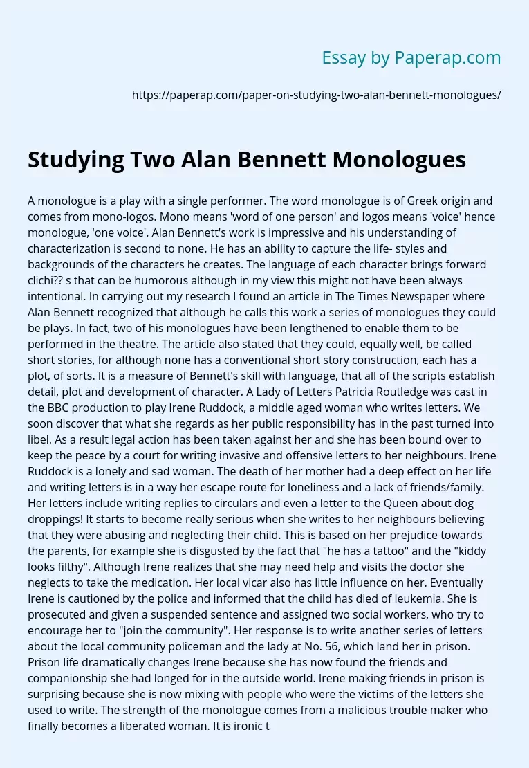 Studying Two Alan Bennett Monologues