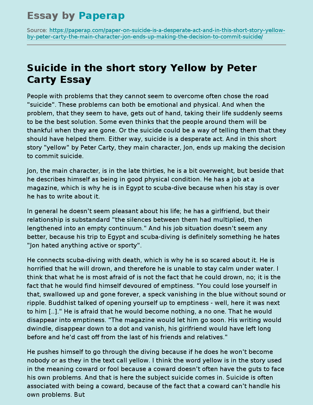 Suicide in the short story Yellow by Peter Carty