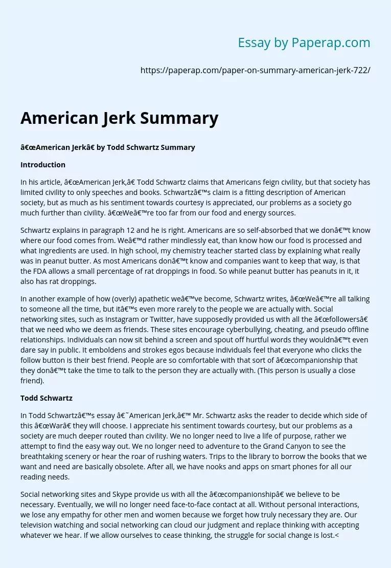 Todd Schwartz American Jerk Summary