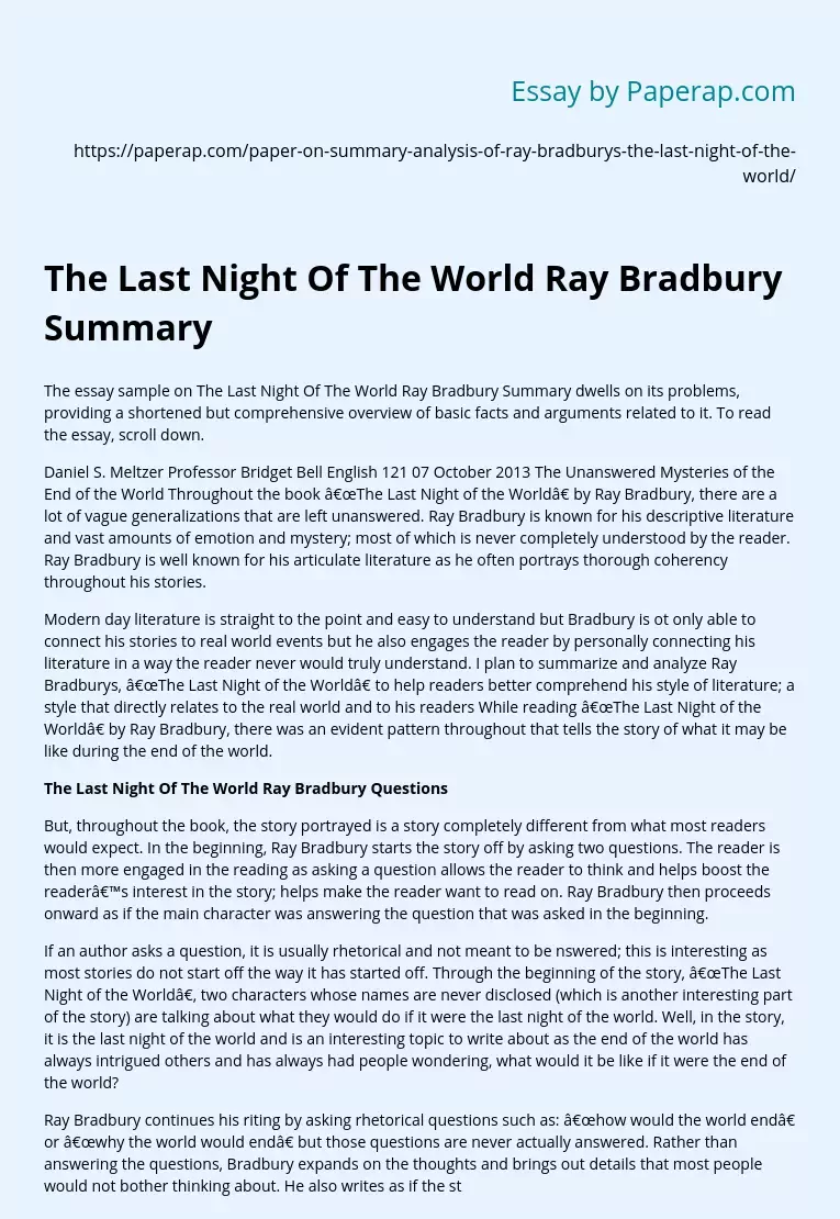 The Last Night Of The World Ray Bradbury Summary