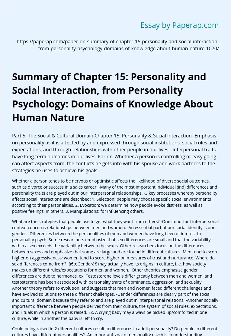 Summary of Chapter 15: Personality and Social Interaction from Personality Psychology: Domains of Knowledge About Human Nature