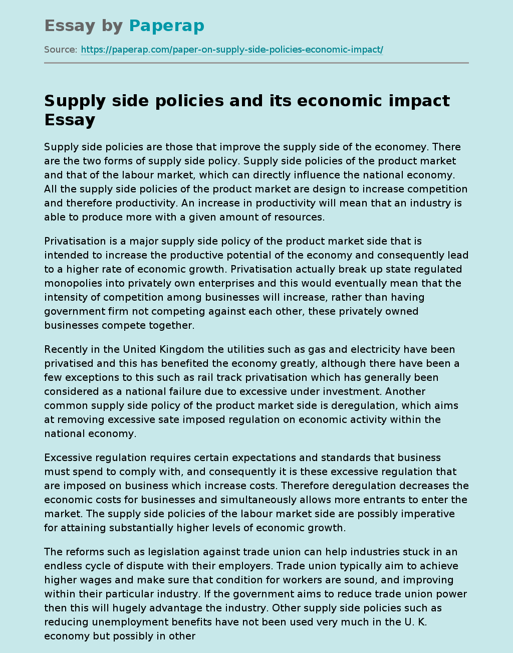 Supply Side Policies And Its Economic Impact